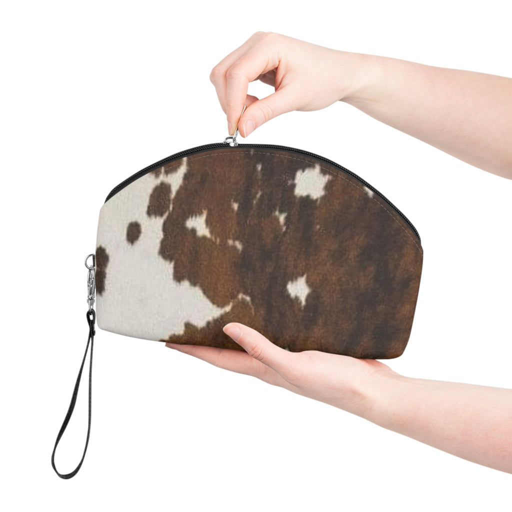 Cowhide Print Makeup Bag — Brown & White Cosmetic Pouch with Wrist Strap