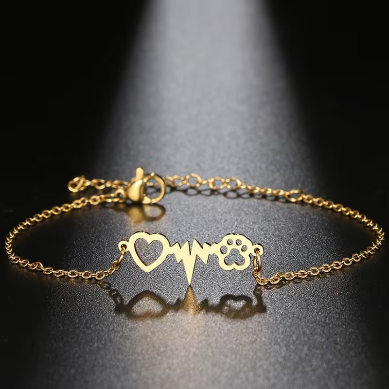 Stainless Steel Heart ECG Cat Paw Pendant Bracelet