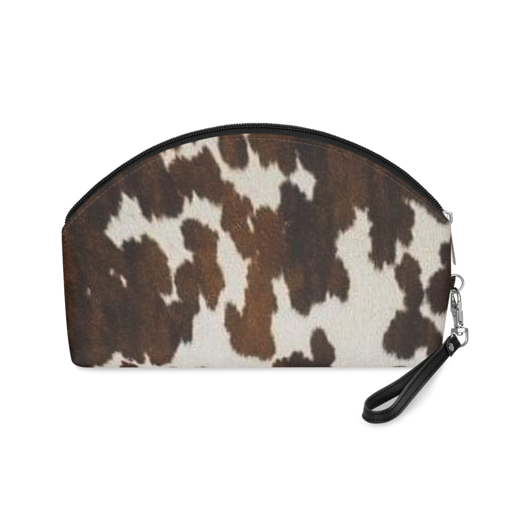 Cowhide Print Makeup Bag — Brown & White Cosmetic Pouch with Wrist Strap