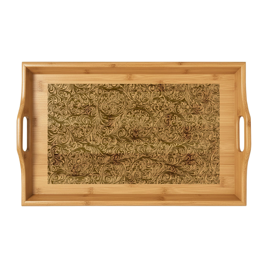 Vintage Floral Engraved Bamboo Serving Tray — Floral Scroll Pattern