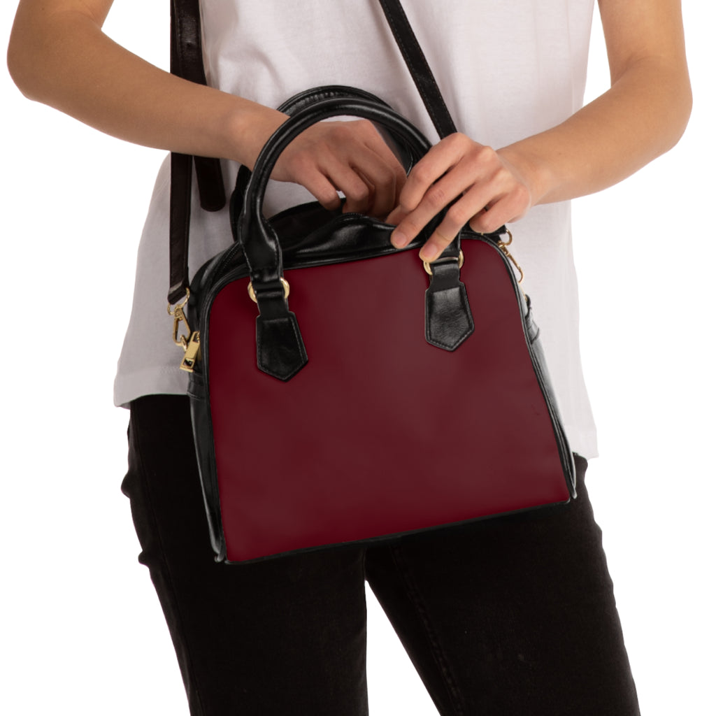 Black Cherry Maroon Leatherette Shoulder Handbag — Elegant Structured Purse for Women