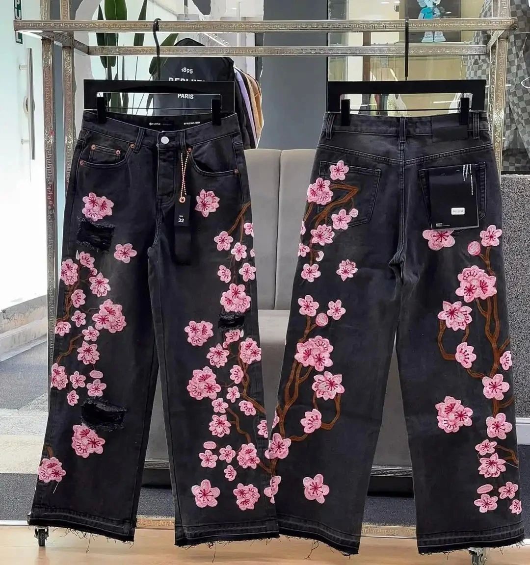 Straight Leg Embroidered Denim Pants