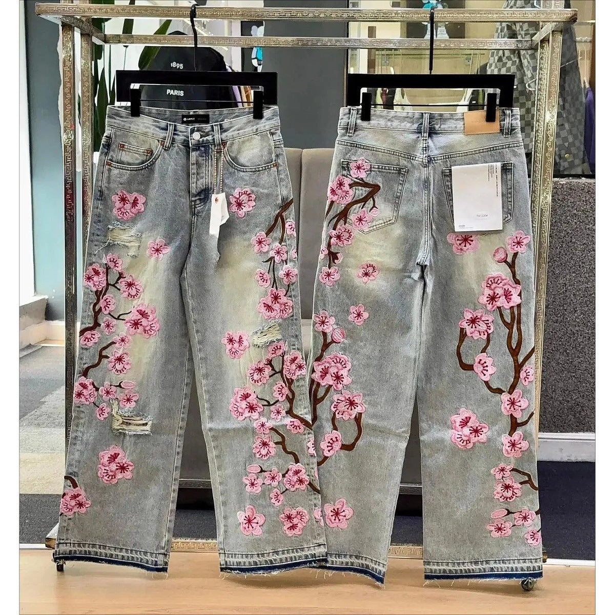 Straight Leg Embroidered Denim Pants