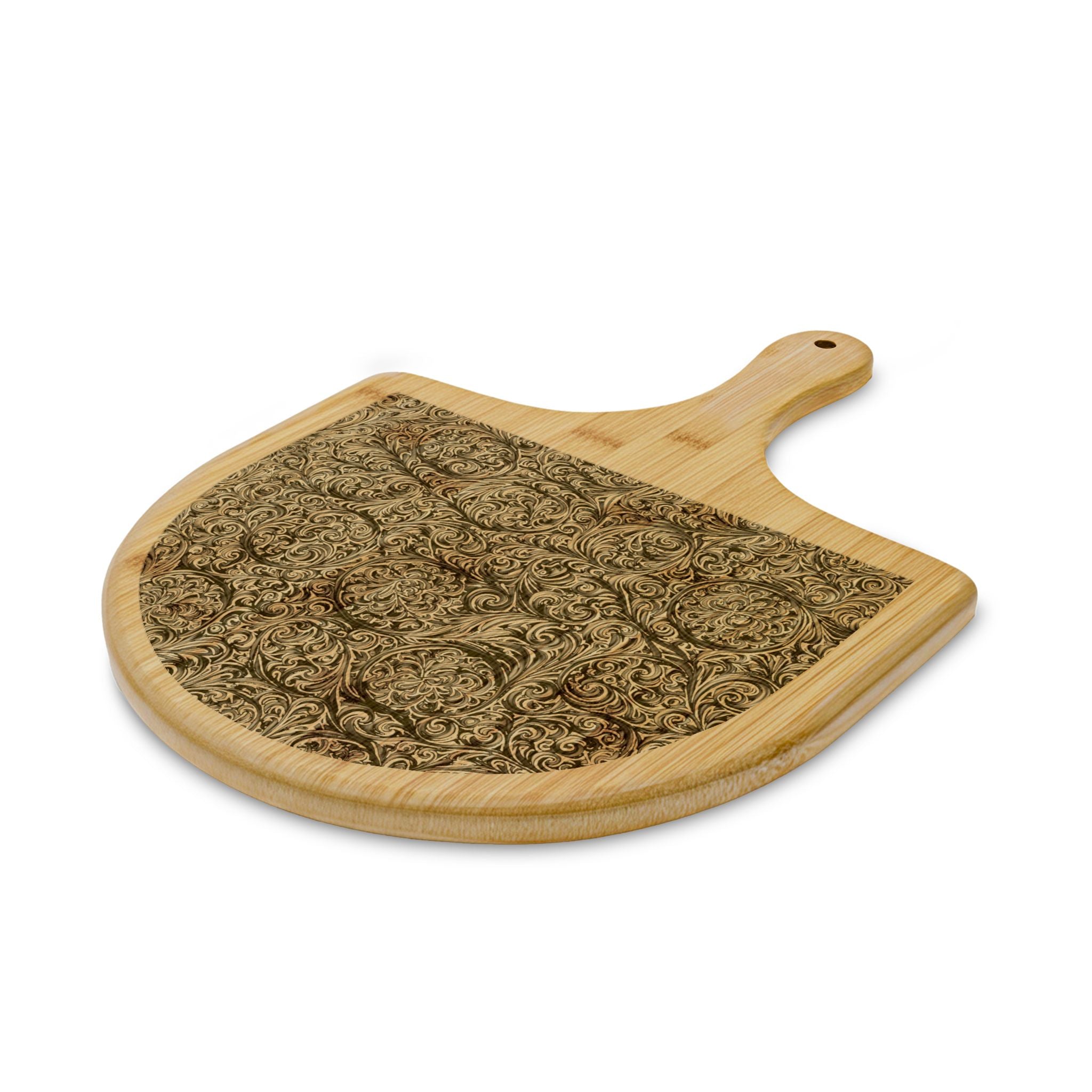 Vintage Floral Engraved Bamboo Pizza Peel — Decorative Floral Carved Serving Board
