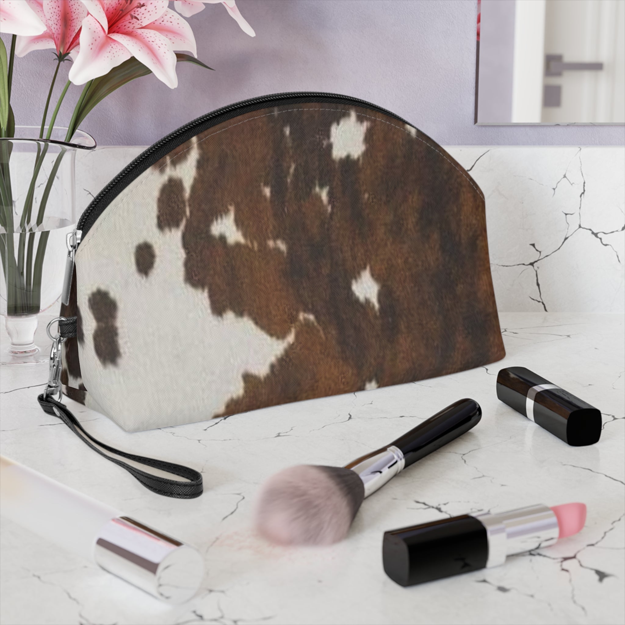 Cowhide Print Makeup Bag — Brown & White Cosmetic Pouch with Wrist Strap
