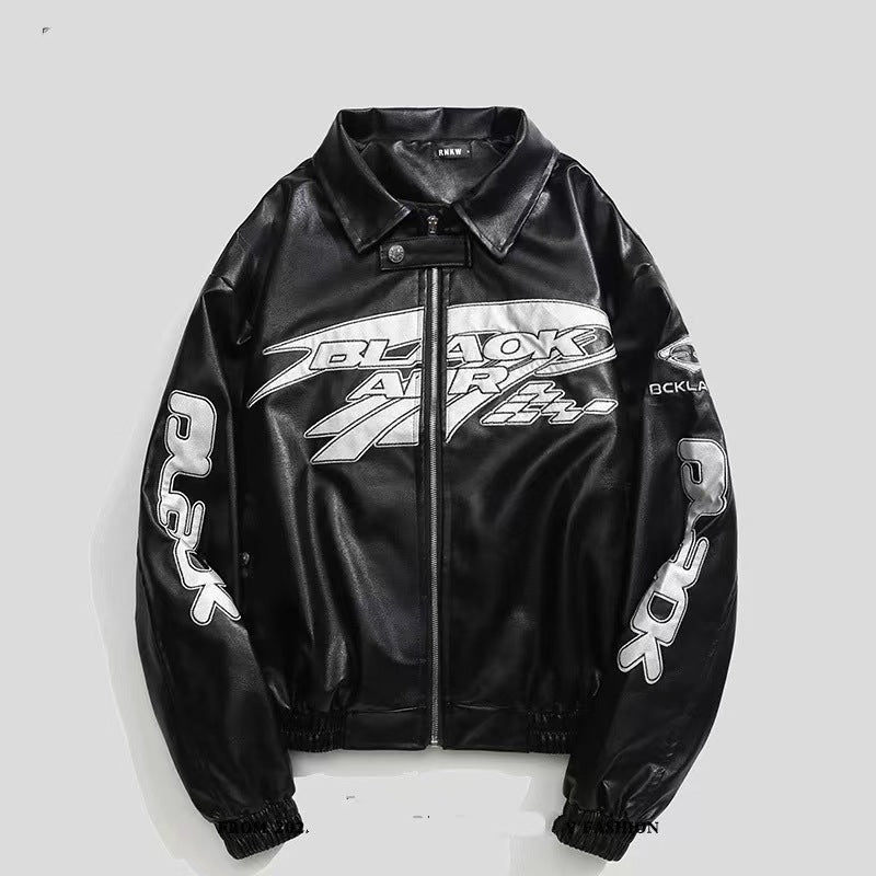 Embroidered PU Leather Jacket Streetwear Oversized