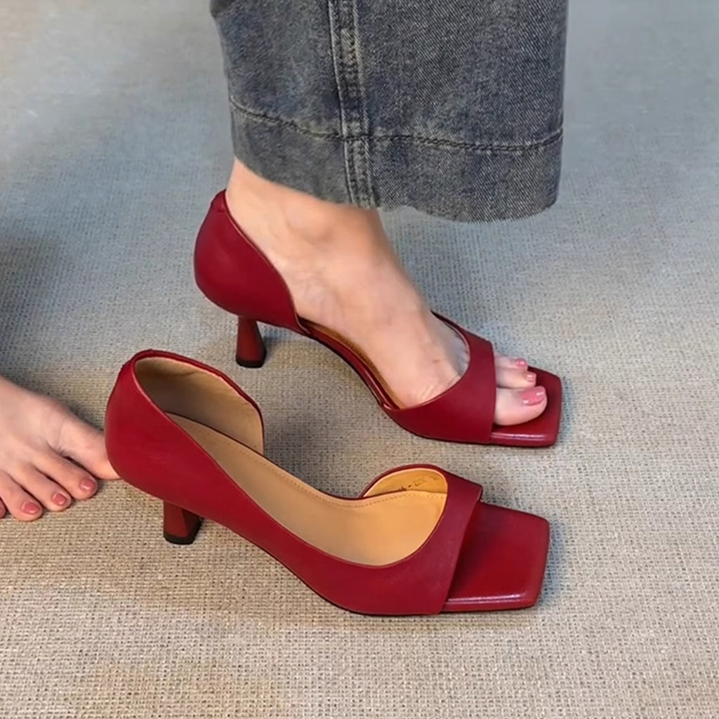 Women's Genuine Leather One-Strap Sandals French Retro Square Toe