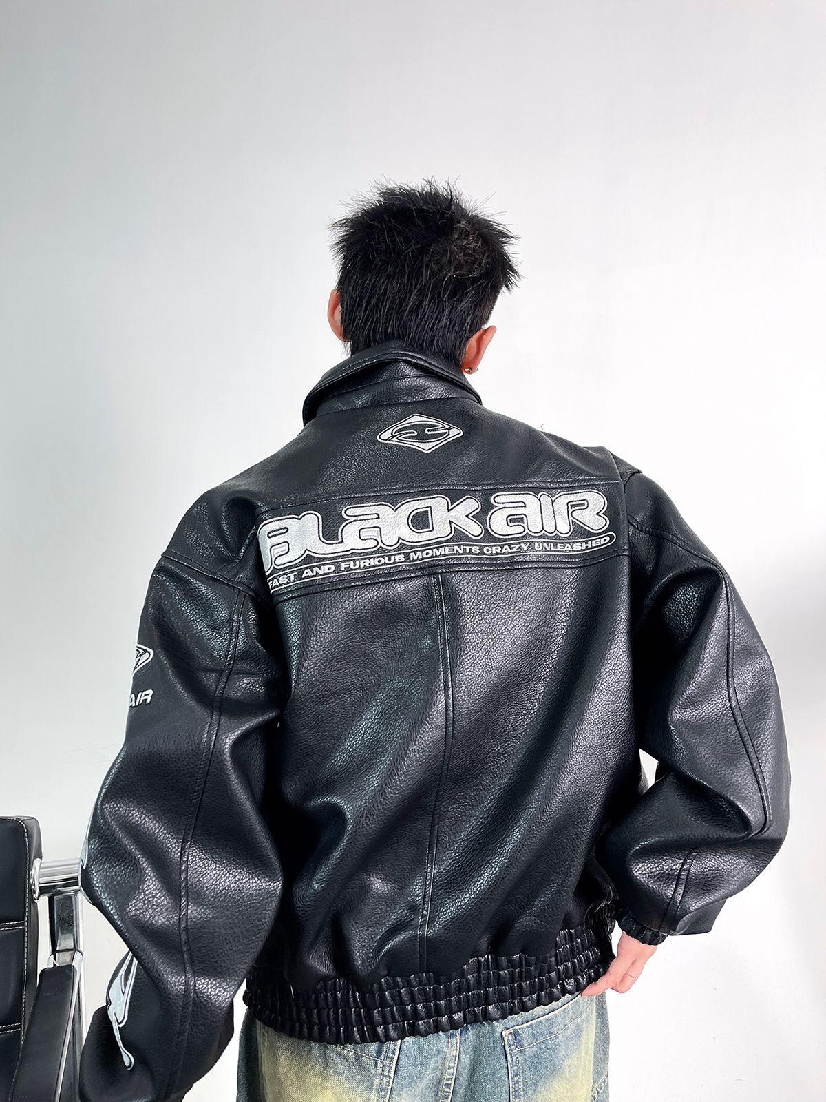 Embroidered PU Leather Jacket Streetwear Oversized