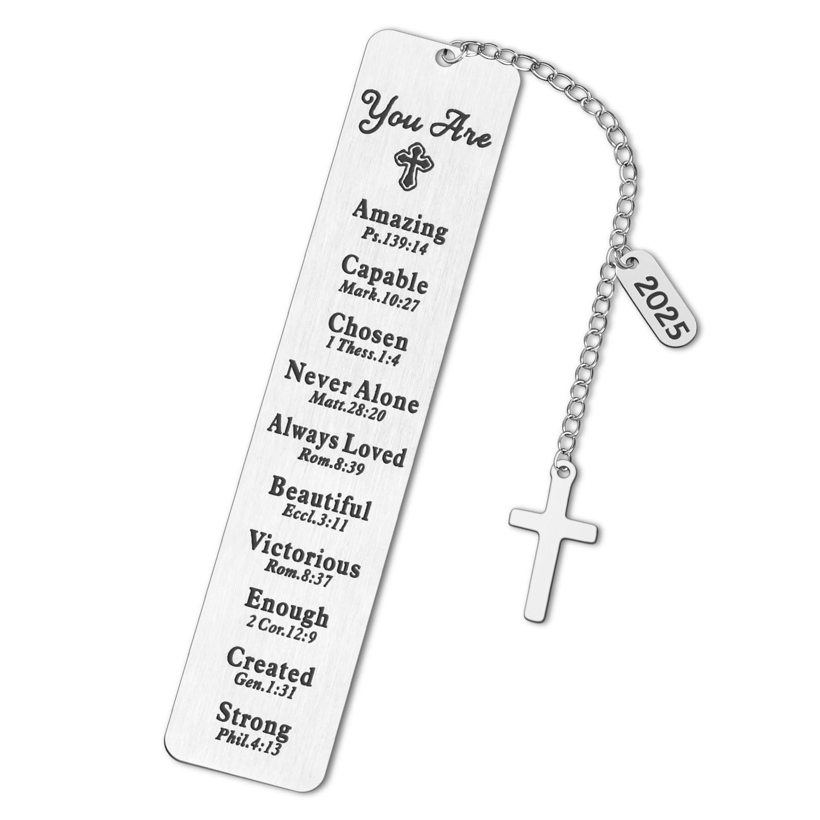 Religious Engraved Stainless Steel Bookmark with Cross Pendant