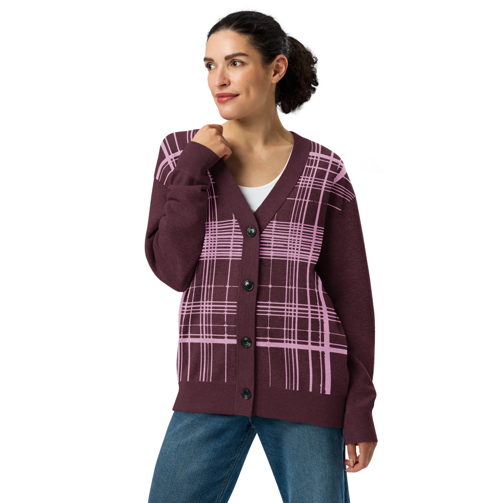 Burgundy-pink plaid Knitted cardigan