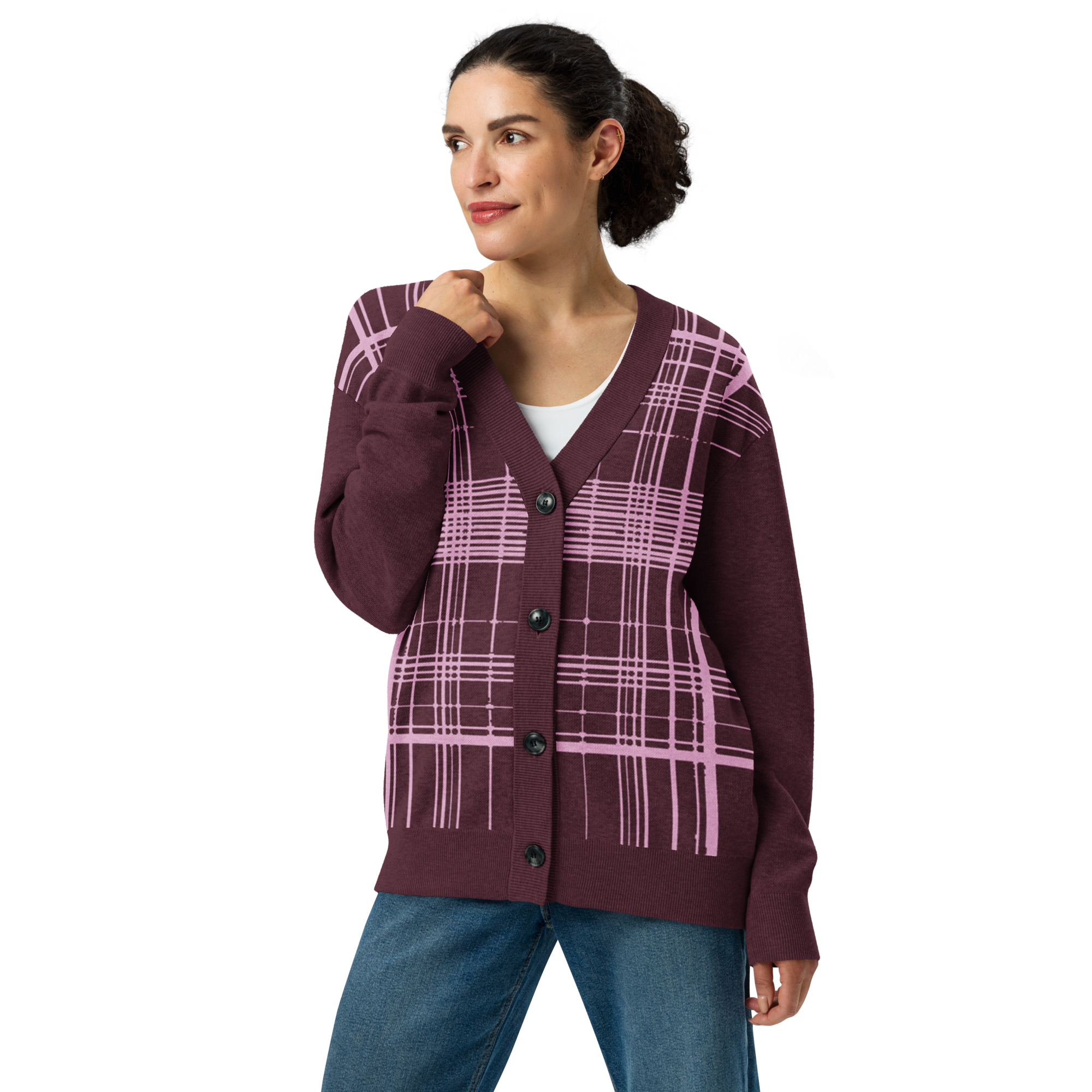 Burgundy-pink plaid Knitted cardigan