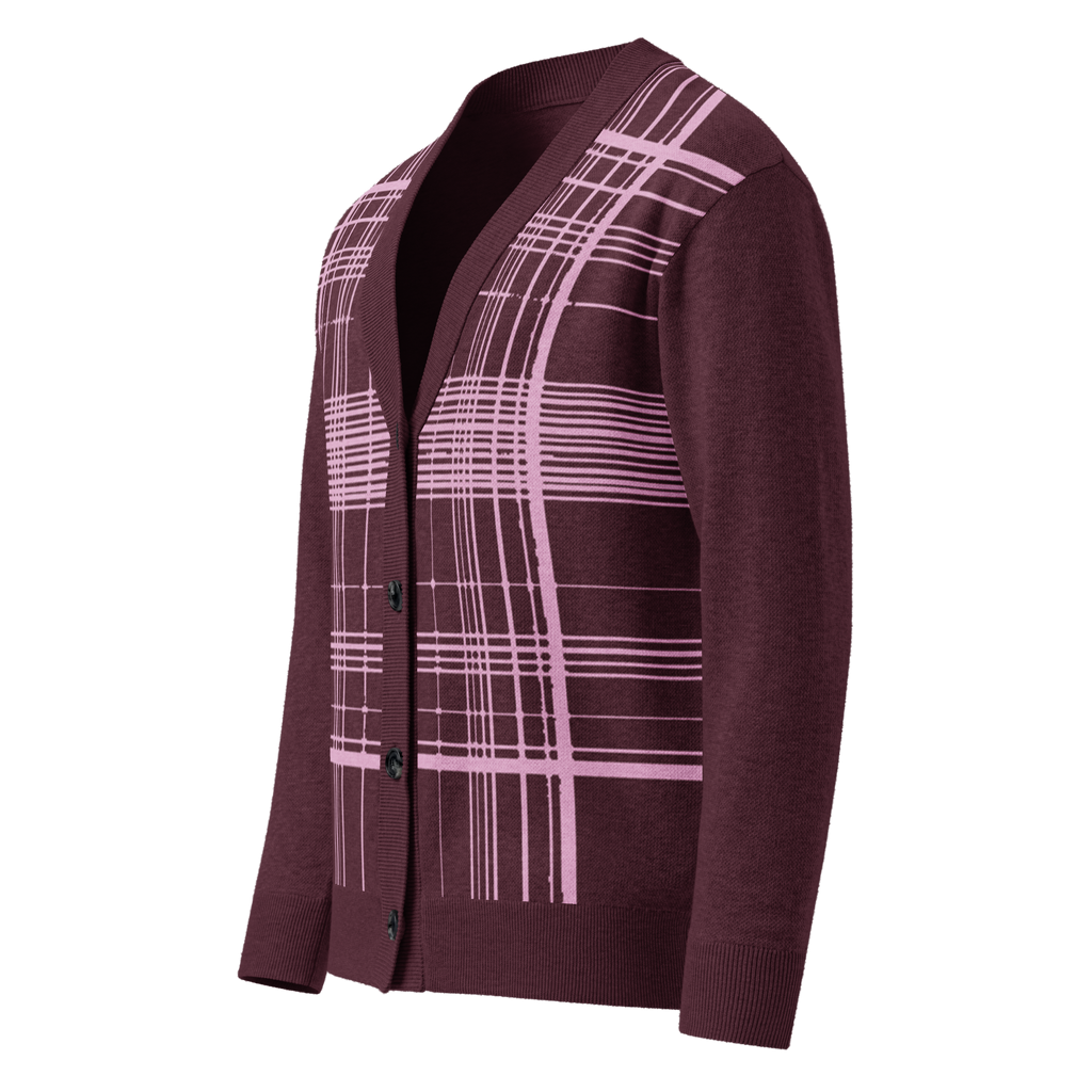 Burgundy-pink plaid Knitted cardigan
