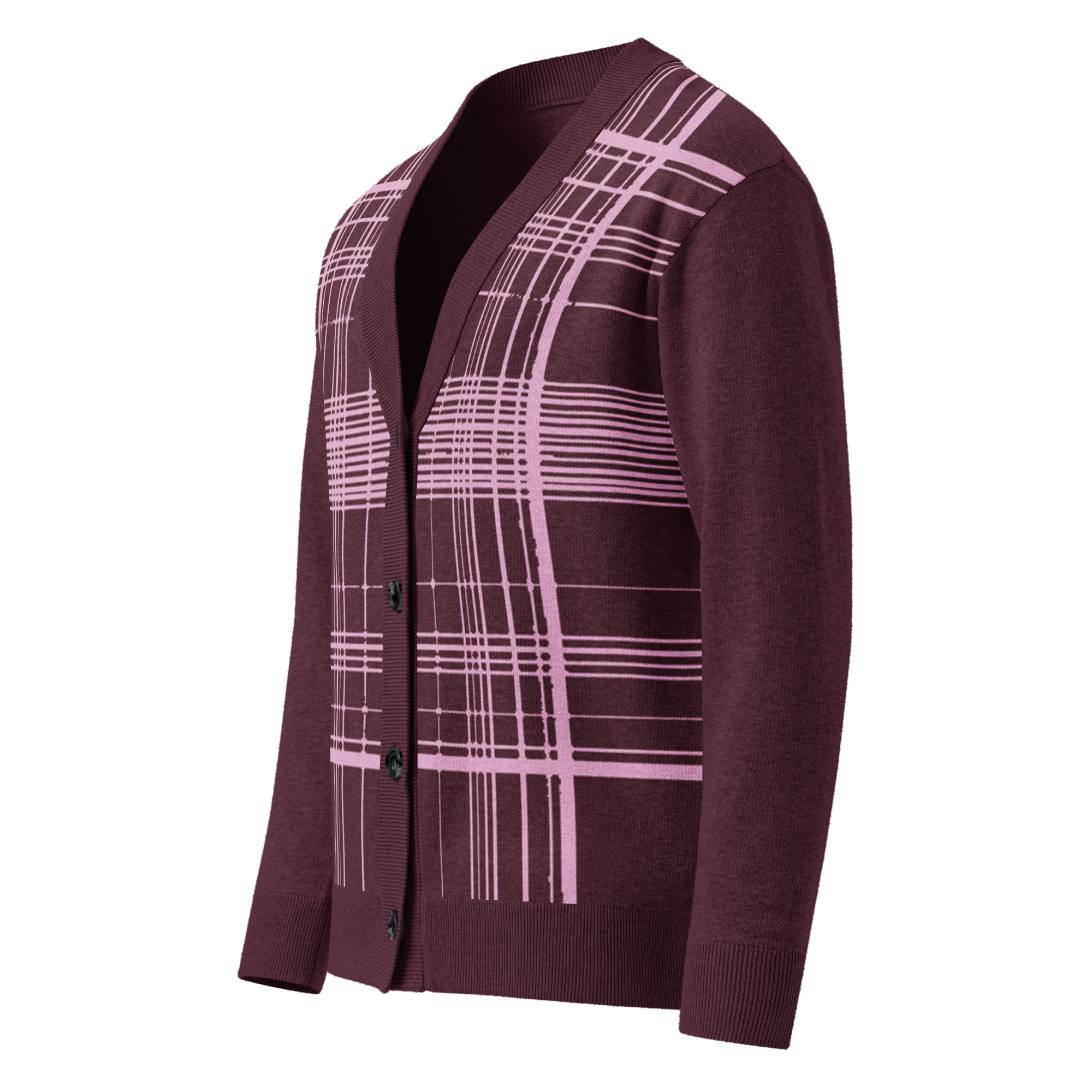 Burgundy-pink plaid Knitted cardigan