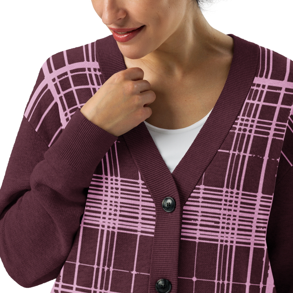 Burgundy-pink plaid Knitted cardigan