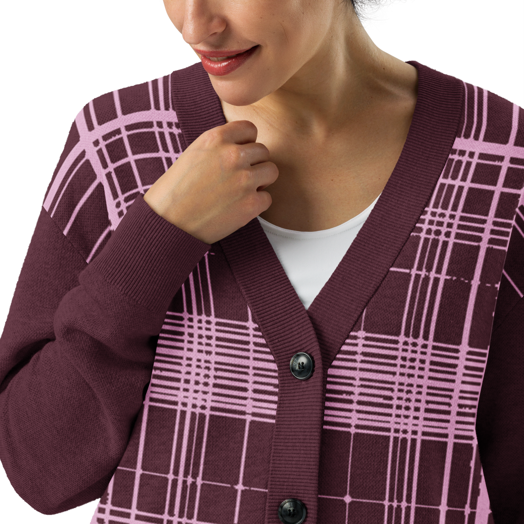 Burgundy-pink plaid Knitted cardigan
